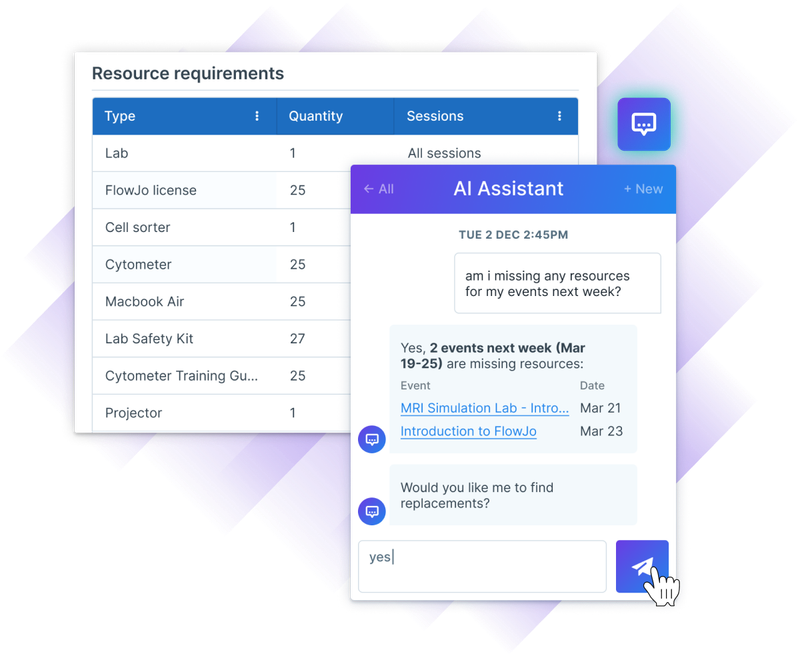 Administrate's virtual AI Assistant showing resource requirements and chat functionality. In the chat the AI Assistant offers to find resource replacements for two upcoming events.