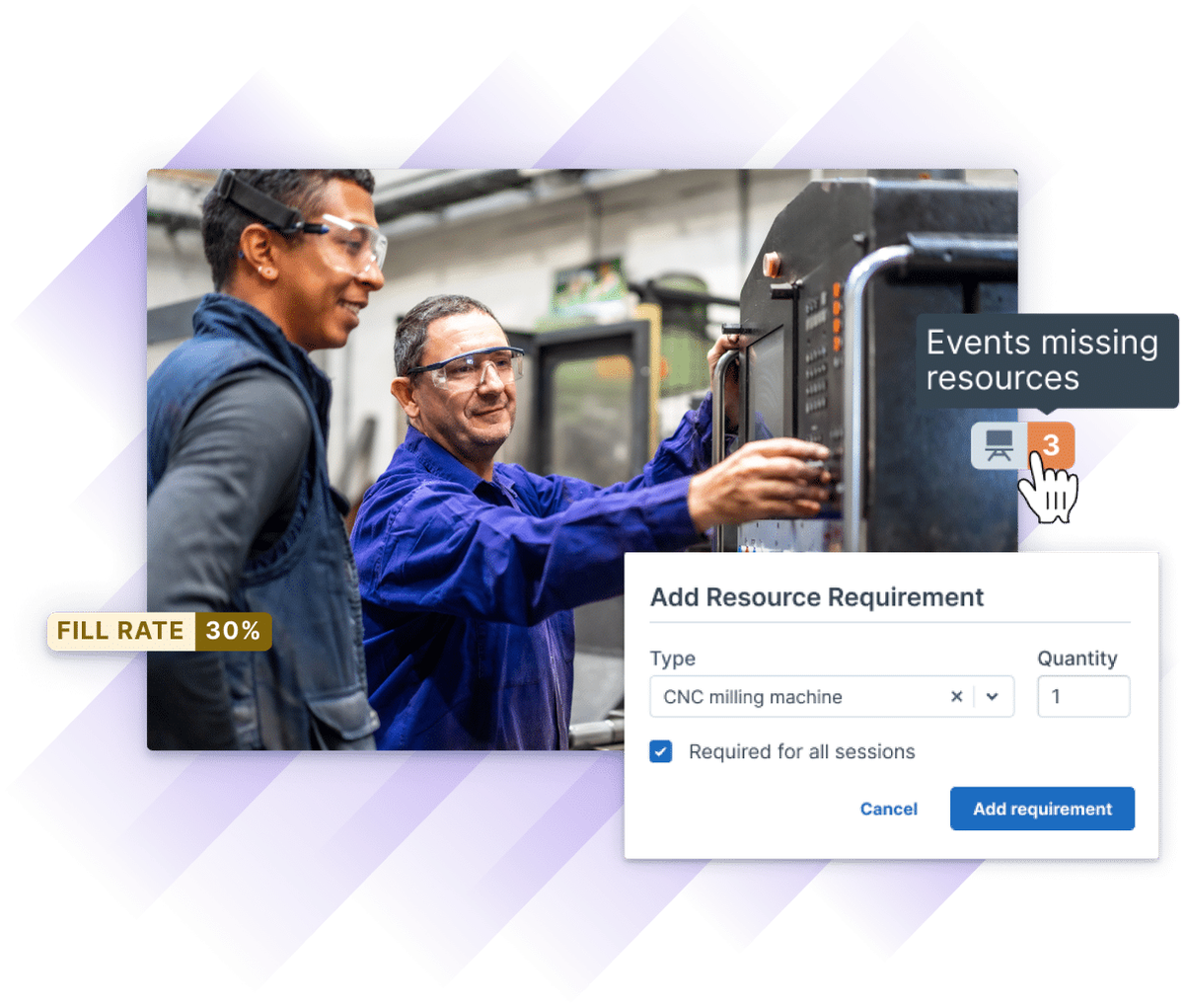 Two workers in protective gear operating a CNC milling machine. Overlaid Administrate interface elements highlight resource management in ILT.