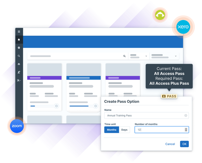 Illustration showing a stylized Administrate software interface for creating training pass options as well as several integrations typically used for businesses selling training.