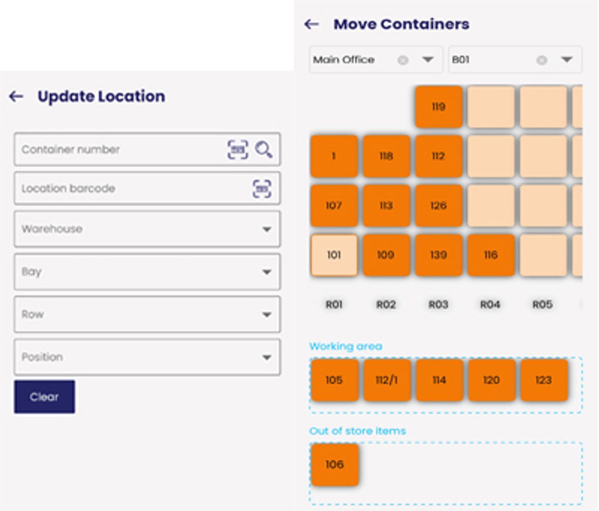 Move containers with a drag or a scan