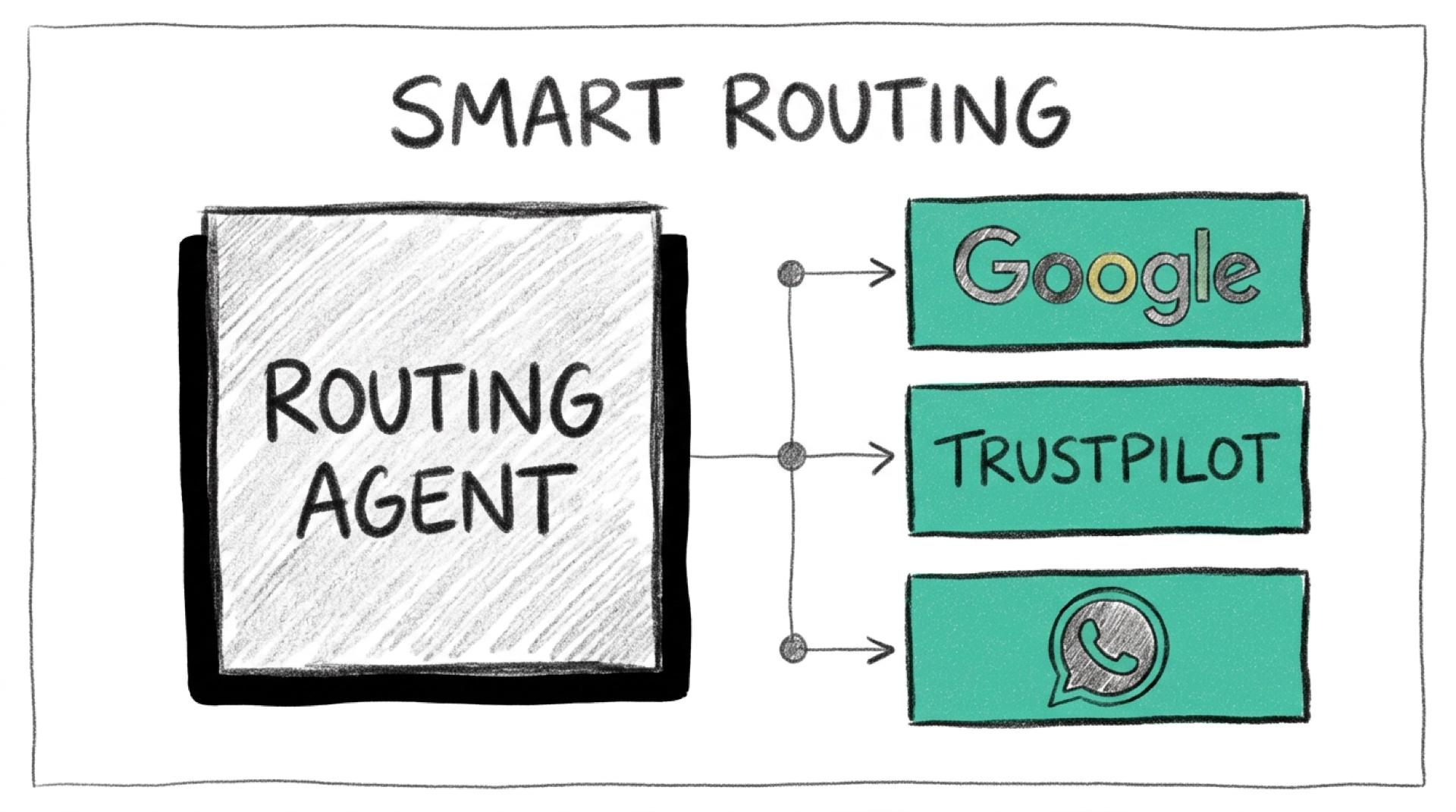 Système de routage intelligent des avis clients Illustration crayon d'un agent de routage central envoyant automatiquement les avis vers Google, Trustpilot et WhatsApp