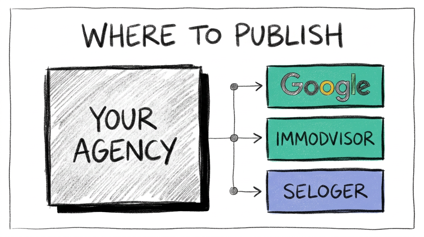 Dónde publicar reseñas de clientes inmobiliarios: Google, Immodvisor y SeLoger Ilustración a lápiz 6B sobre papel blanco con un bloque central gris rayado "YOUR AGENCY" conectado mediante líneas dibujadas a mano a dos rectángulos verde menta con el logo de Google dibujado a mano y el texto "IMMODVISOR", más un rectángulo perinwinkle con "SELOGER"