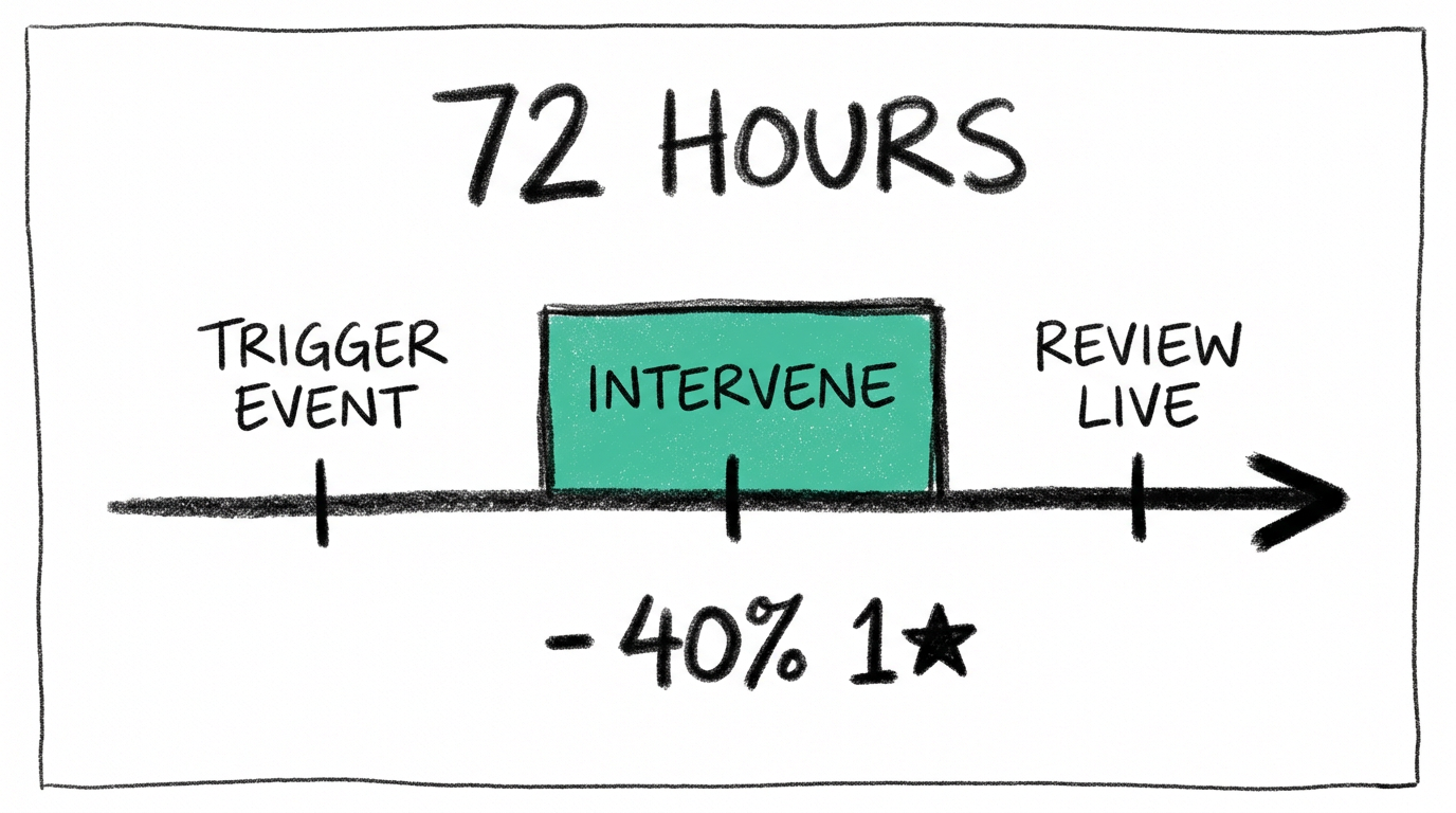 La fenêtre de 72 heures pour prévenir les avis négatifs Ilustración a lápiz 6B de una línea de tiempo con tres marcas: evento desencadenante, intervención en bloque menta, reseña publicada, mención -40% 1 estrella