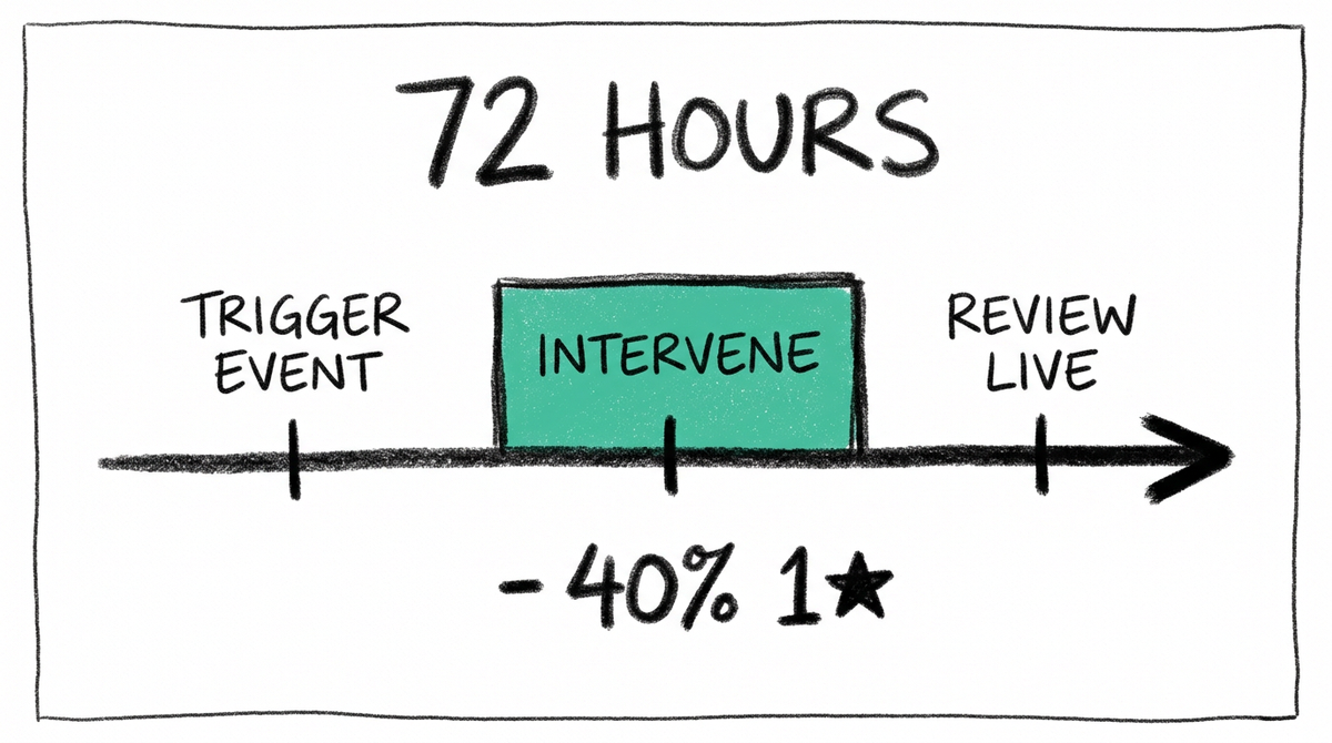La fenêtre de 72 heures pour prévenir les avis négatifs Illustration crayon 6B d'une ligne de temps avec trois repères : événement déclencheur, intervention dans un bloc menthe, avis publié, mention -40% 1 étoile en bas