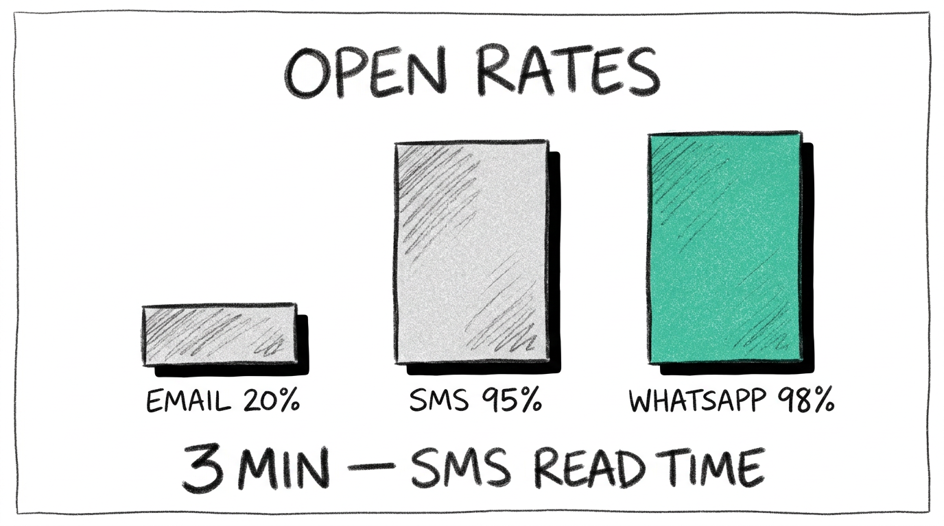 Comparatif taux d'ouverture Email, SMS et WhatsApp Illustration au crayon 6B de trois barres verticales représentant les taux d'ouverture : Email 20 %, SMS 95 %, WhatsApp 98 % en remplissage Mint, avec la stat "3 MIN — SMS READ TIME" en bas