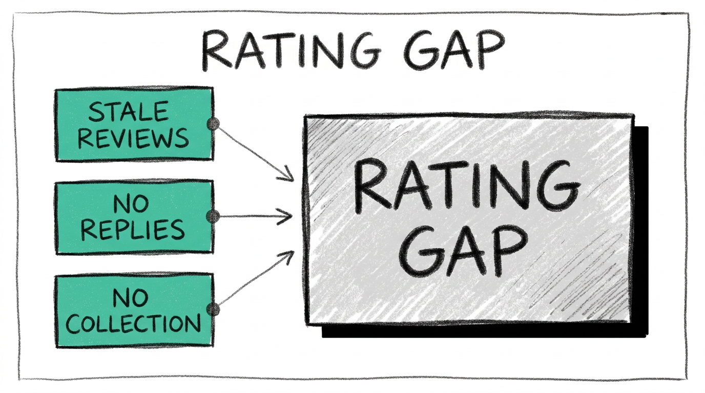 Las 3 causas de la diferencia de nota Google entre establecimientos de una red Ilustración a lápiz 6B sobre papel blanco con tres rectángulos verde menta "STALE REVIEWS", "NO REPLIES", "NO COLLECTION" conectados por flechas hacia un bloque central gris rayado con el texto "RATING GAP"