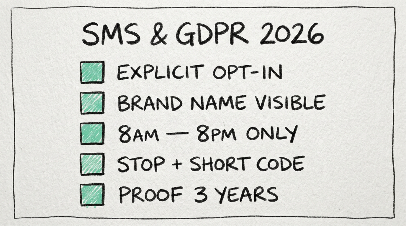 Checklist RGPD et charte AF2M 2026 pour les SMS marketing Illustration au crayon 6B de cinq lignes avec carrés Mint à gauche et labels manuscrits : Opt-in Explicite, Nom Marque Visible, 8H–20H Seulement, Stop + Numéro Court, Preuve 3 Ans