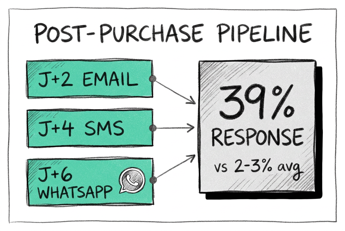 Pipeline post-achat UGC : email J+2, SMS J+4, WhatsApp J+6 pour atteindre 39% de taux de réponse Illustration au crayon 6B sur fond blanc avec trois rectangles mint empilés à gauche (J+2 EMAIL, J+4 SMS, J+6 WHATSAPP) reliés par des flèches à un bloc gris à droite indiquant « 39% RESPONSE vs 2-3% avg »