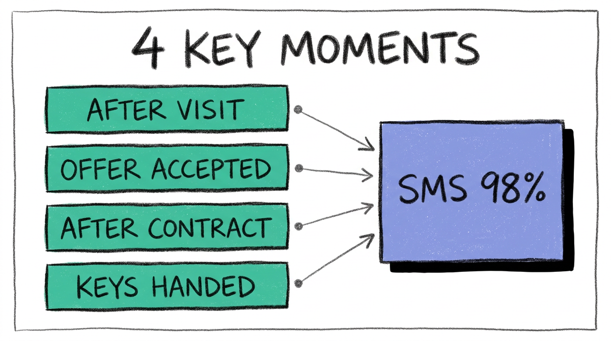 Illustration crayon 6B sur papier blanc avec quatre rectangles vert menthe empilés étiquetés "AFTER VISIT", "OFFER ACCEPTED", "AFTER CONTRACT", "KEYS HANDED", reliés par des flèches vers un bloc péri-winkle indiquant "SMS 98%"