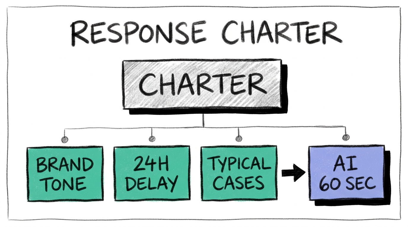 Guía de respuesta a reseñas para una red de franquicias: tono, plazo y situaciones tipo Ilustración a lápiz 6B sobre papel blanco con un bloque gris rayado "CHARTER" en la parte superior conectado por líneas a tres rectángulos verde menta "BRAND TONE", "24H DELAY", "TYPICAL CASES" y una flecha gruesa hacia un rectángulo perinwinkle "AI 60 SEC"