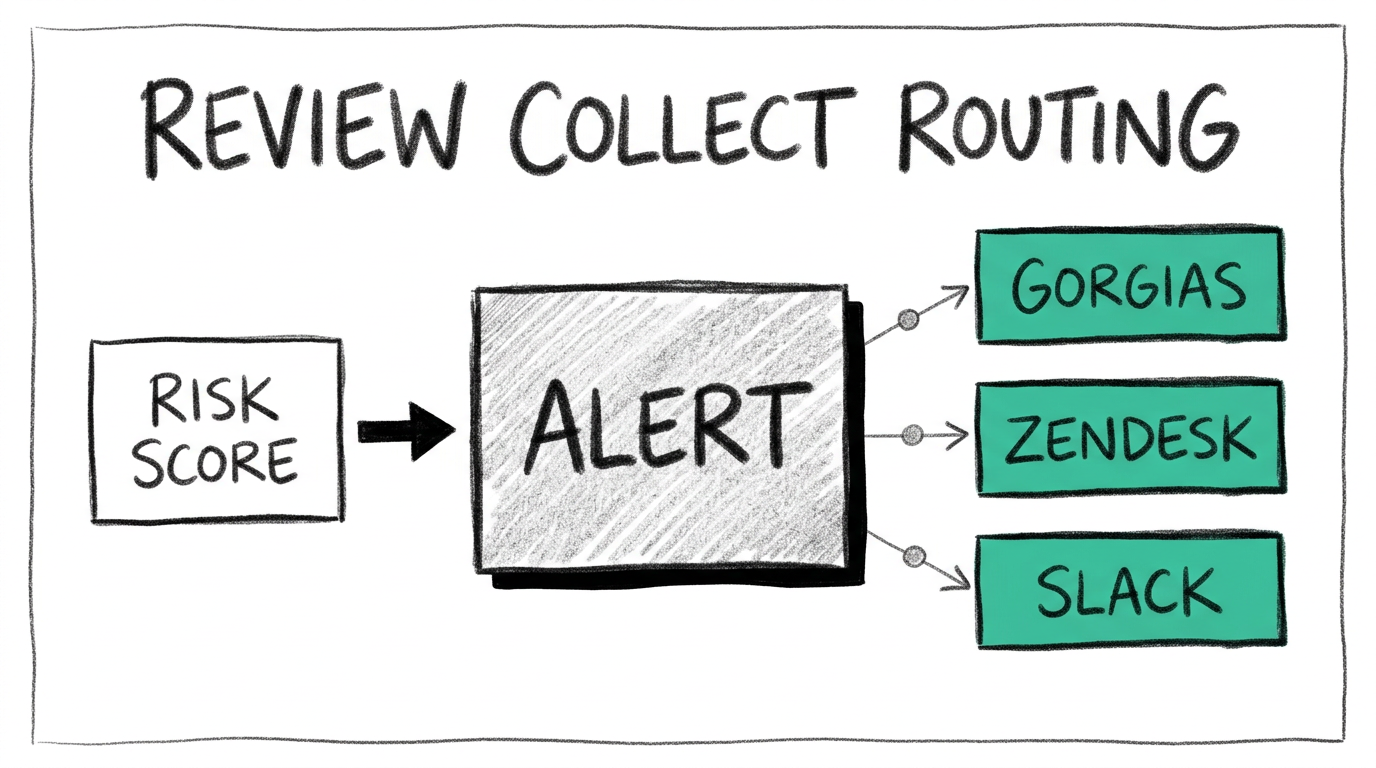 Comment Review Collect route les alertes vers votre support Ilustración a lápiz 6B de un bloque central titulado Alert conectado por flechas a tres rectángulos menta: Gorgias, Zendesk, Slack, un rectángulo blanco Risk Score a la izquierda alimenta el bloque central