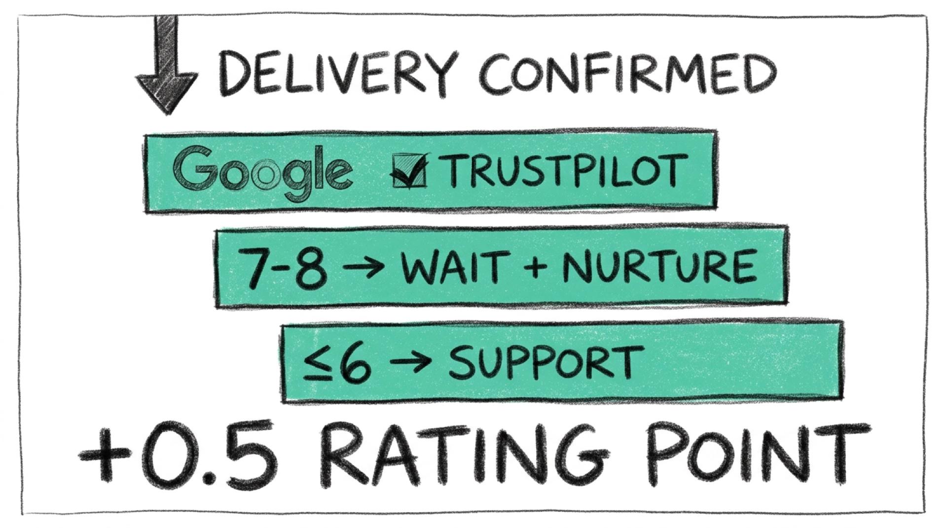 Scoring automatique des avis et gain de note moyenne Illustration crayon montrant le routage par score client après livraison confirmée, 9-10 vers Google et Trustpilot, 7-8 vers nurturing, 6 et moins vers le support, résultat plus 0,5 point de note moyenne