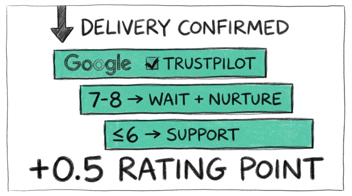 Scoring automatique des avis et gain de note moyenne Illustration crayon montrant le routage par score client après livraison confirmée, 9-10 vers Google et Trustpilot, 7-8 vers nurturing, 6 et moins vers le support, résultat plus 0,5 point de note moyenne