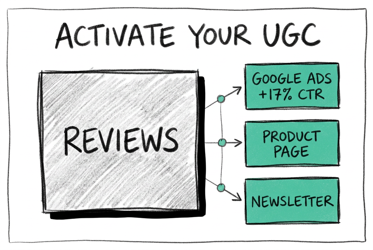 Activer vos avis clients sur Google Ads, fiches produit et newsletter Illustration au crayon 6B sur fond blanc montrant un bloc central gris « REVIEWS » relié par des flèches à trois rectangles mint à droite : « GOOGLE ADS +17% CTR », « PRODUCT PAGE » et « NEWSLETTER »
