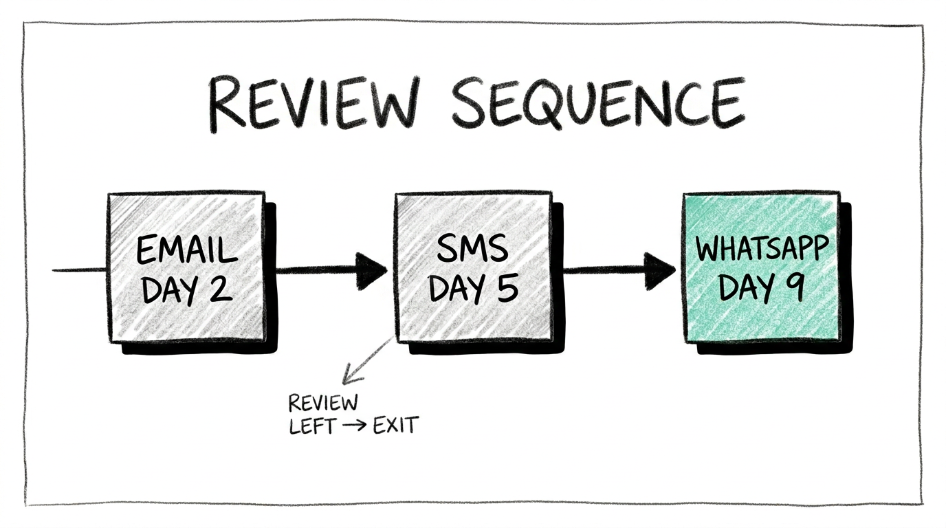 Séquence multicanale de collecte d'avis : Email J+2, SMS J+5, WhatsApp J+9 Schéma au crayon 6B d'une timeline horizontale avec trois blocs : Email J+2, SMS J+5, WhatsApp J+9 en Mint, reliés par des flèches, et une sortie de séquence fléchée vers le bas indiquant "AVIS DÉPOSÉ → EXIT"