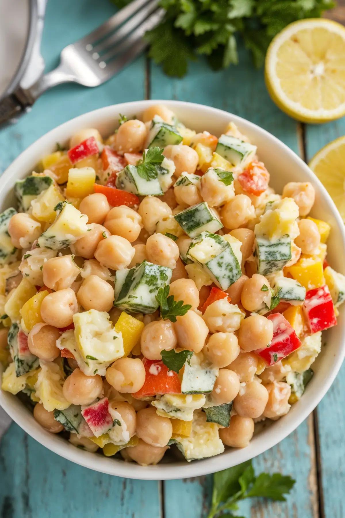 Chickpea and egg salad with diced vegetables, garnished with parsley, on a rustic table.