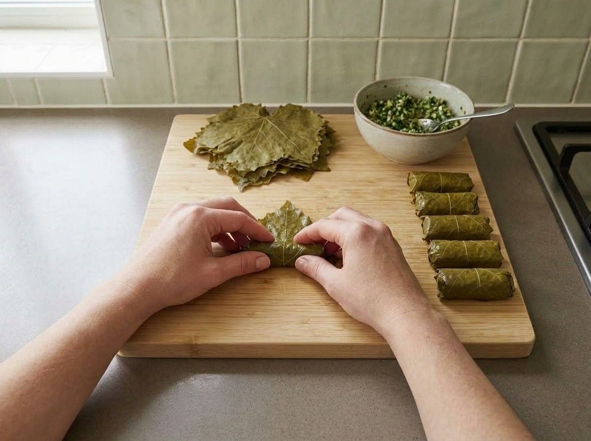 Hands rolling a grape leaf around the filling into a snug cylinder, with finished rolls beside the board