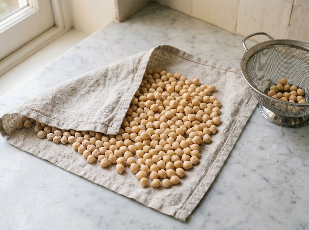 Soaked chickpeas spread on a linen towel and patted dry, a colander of freshly drained ones alongside