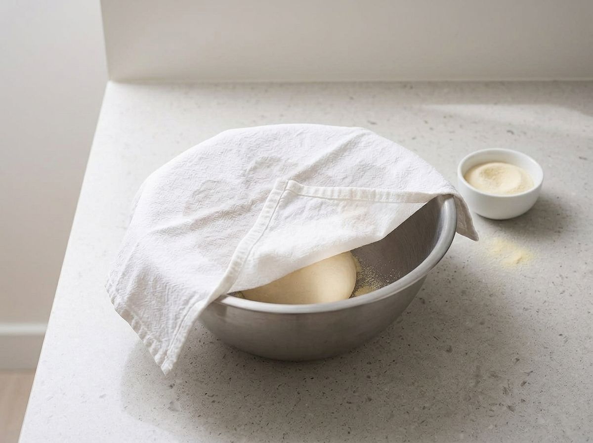 The puri dough resting in a bowl under a damp kitchen towel, folded back to show the dough.