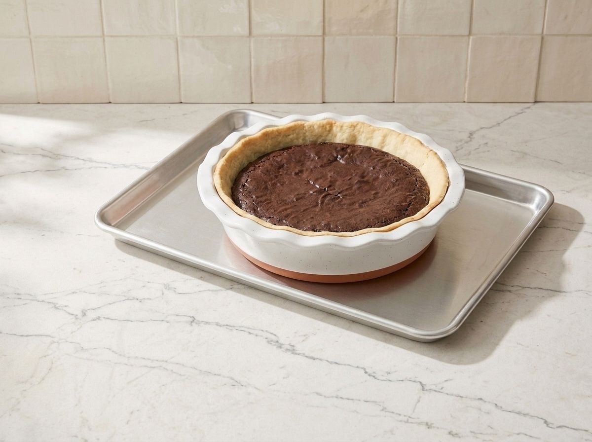The brownie layer baked on its own in the blind-baked crust, its surface set and matte