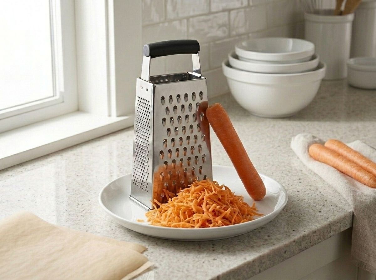 Carrots grated on the medium holes of a box grater onto a plate of short orange shreds