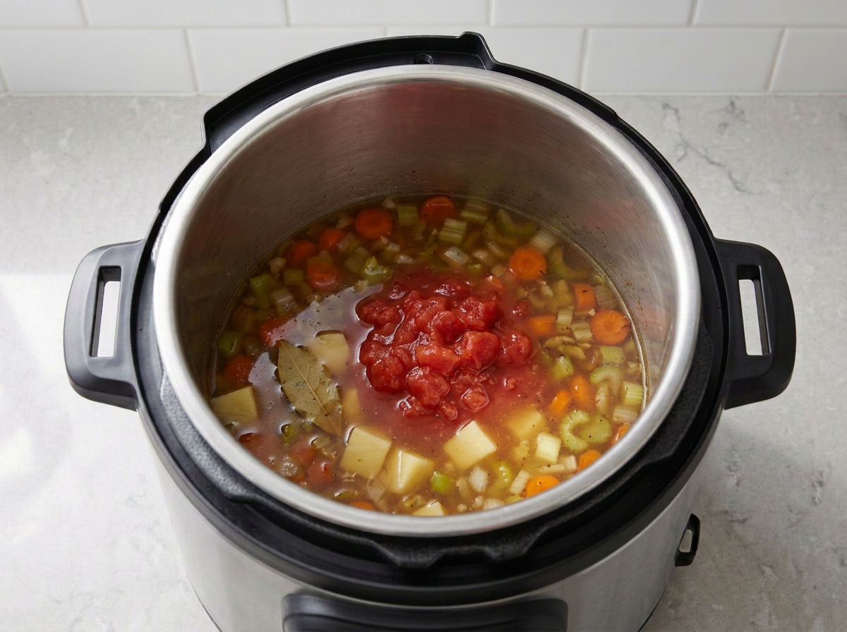Diced tomatoes tipped on top of the broth and potatoes in an undisturbed heap, deliberately not stirred in