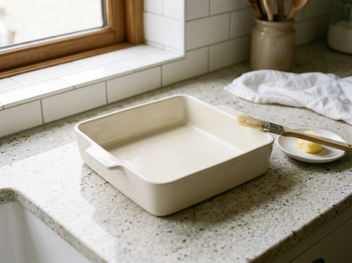 A square cream ceramic baking dish buttered all over its base and sides, empty and ready for the batter.