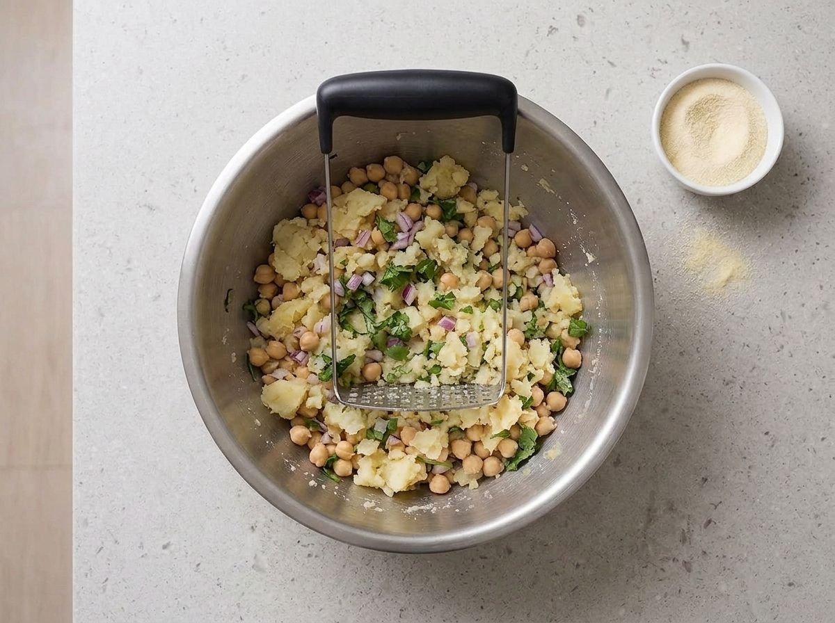 Coarsely crushed potato, chickpeas, red onion and cilantro folded together in a mixing bowl.