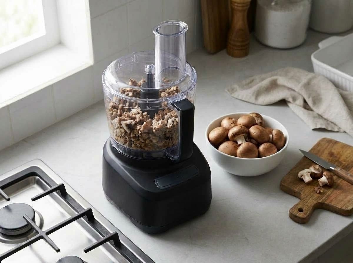 Cremini mushrooms pulsed in a food processor to uneven crumbs the size of crumbled sausage