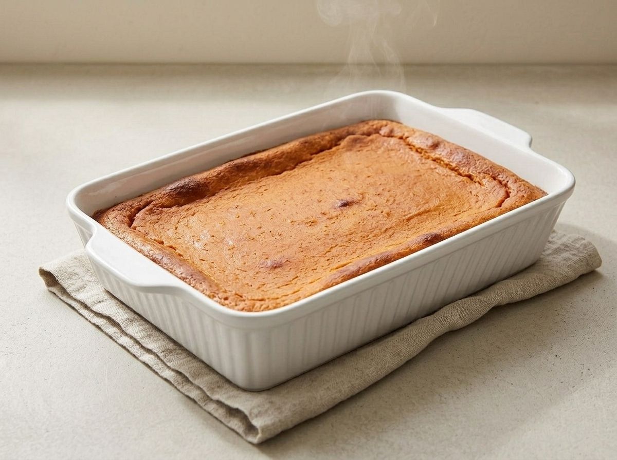 The sweet potato base baked until set and puffed at the edges, with no marshmallows on it yet