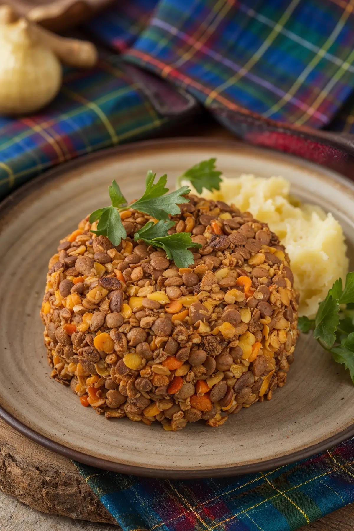 Plate of vegetarian haggis garnished with fresh parsley.