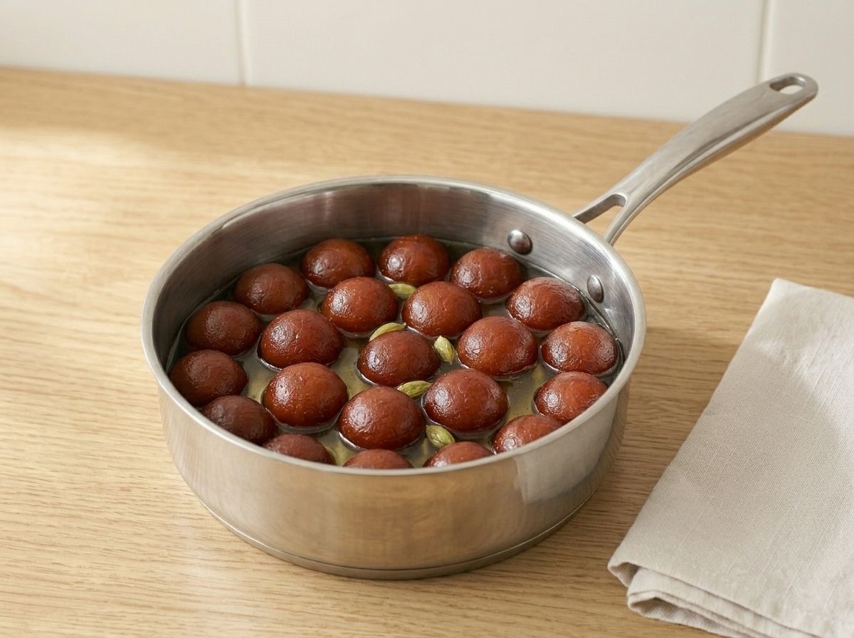 Twenty deep reddish brown jamuns swelling as they soak in thin cardamom syrup in the saucepan