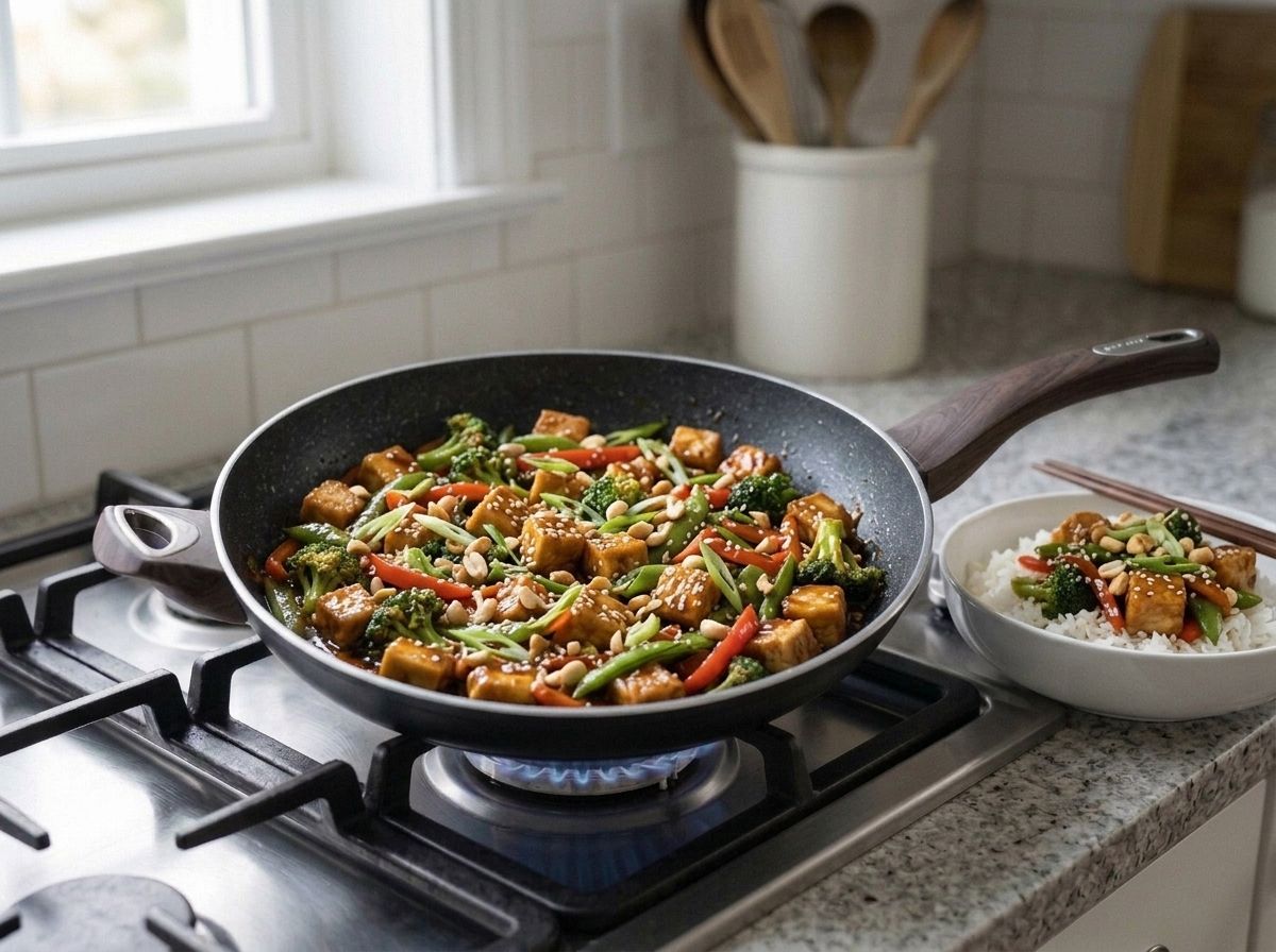 The finished tofu stir fry tossed in glossy sauce, with a bowl of it served over rice