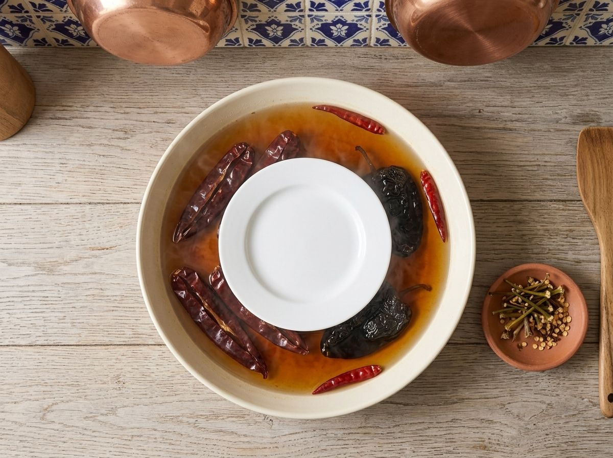 Toasted chiles held under just-boiled water by a small plate, the water already stained rusty orange