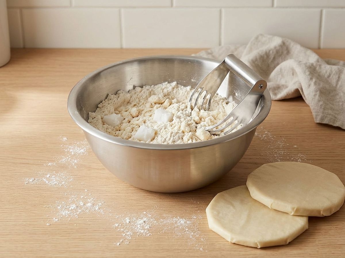 Solid chilled fat cut into the flour until it looks like coarse crumbs with pea-sized pieces, the two wrapped dough discs resting beside the bowl