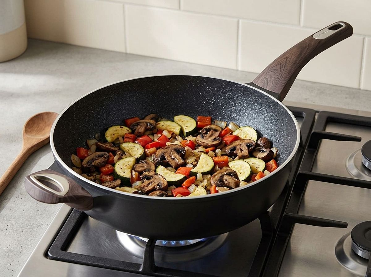 Mushrooms, zucchini, bell pepper and onion cooked down in the skillet until the pan is completely dry