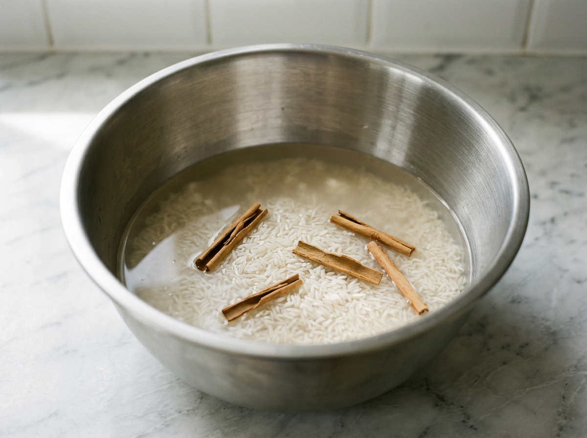 Raw white rice and broken cinnamon sticks soaking in water in a steel mixing bowl