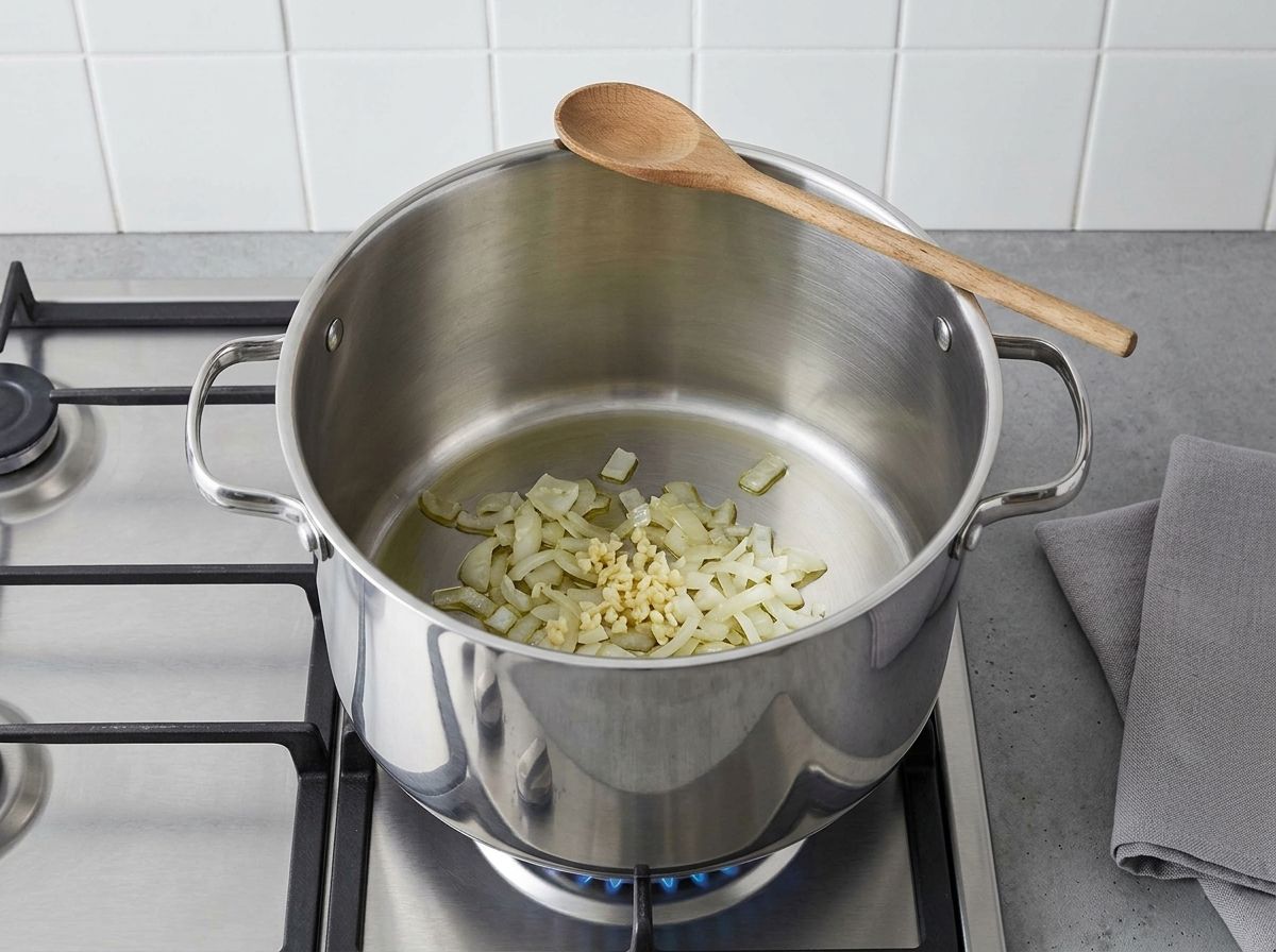 Chopped onion softening in olive oil in a stainless steel stockpot until translucent