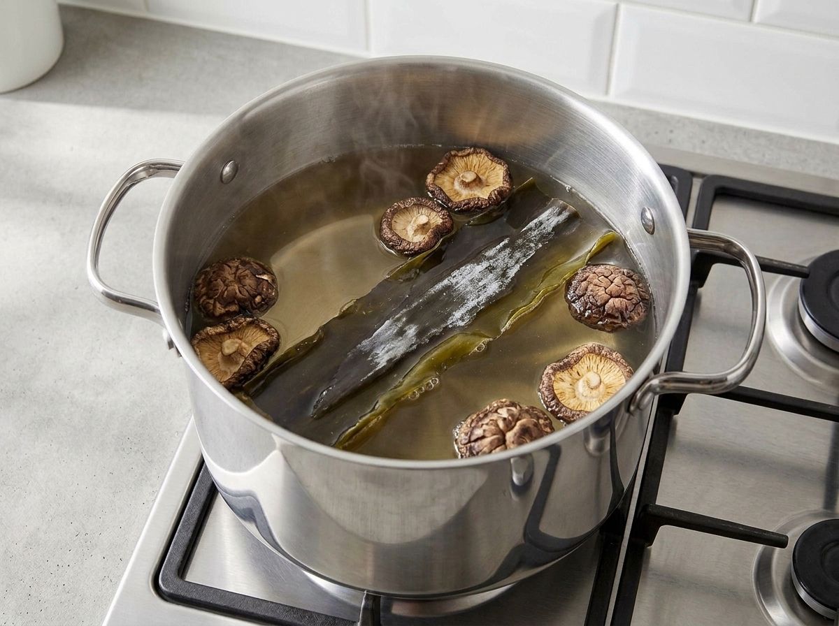 A strip of dried kombu and whole dried shiitake steeping in pale amber broth, just off the boil