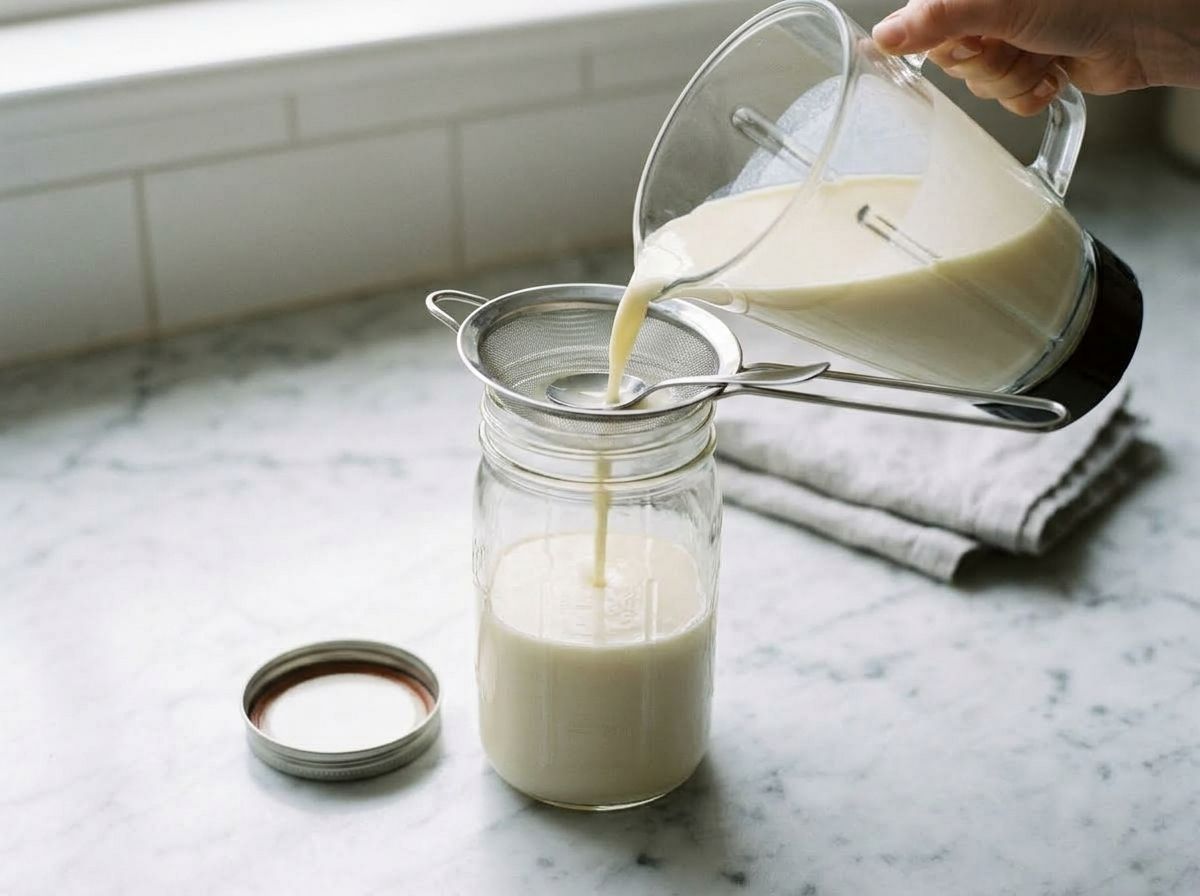 Pouring the blended eggnog through a fine-mesh strainer into a glass jar