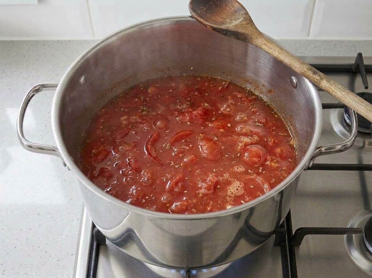 The chunky tomato broth simmering with dried basil and oregano before it is blended