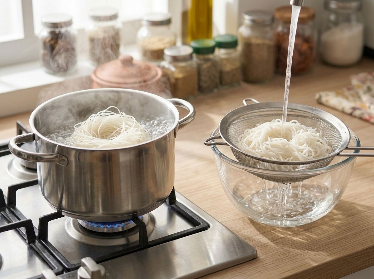 Rice vermicelli boiling in one pot and rinsing under cold water in a strainer alongside.