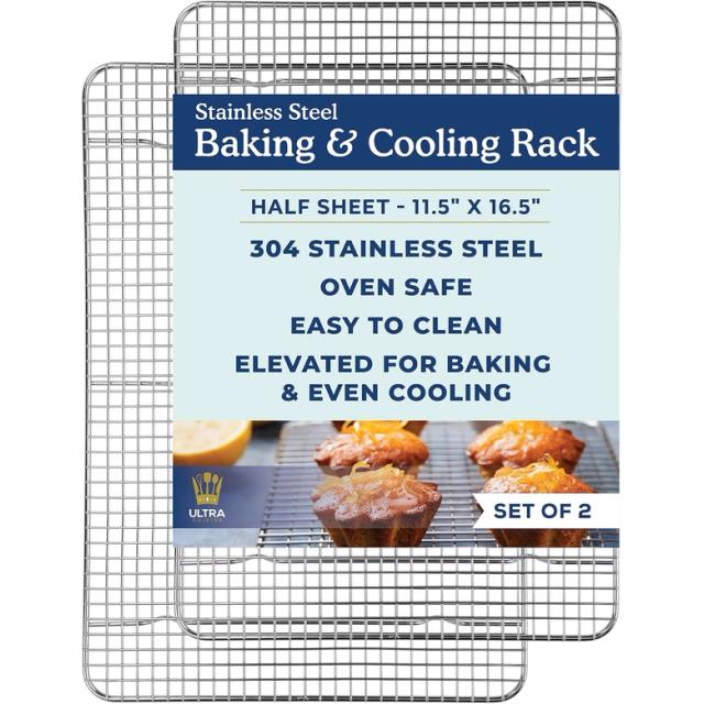 Two stainless steel half sheet cooling racks