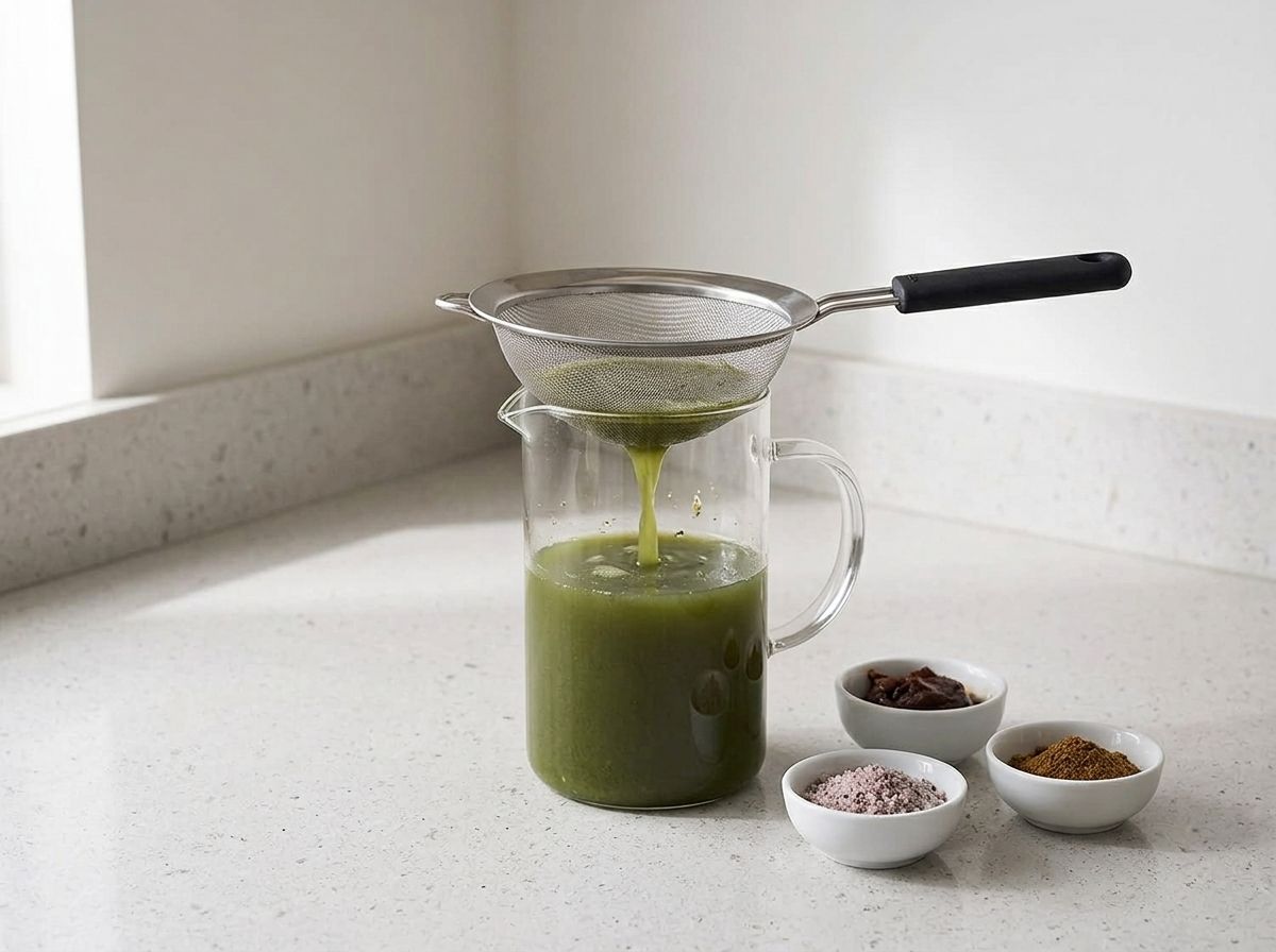 The green pani being poured through a fine mesh strainer into a glass jug, cloudy and deep green.