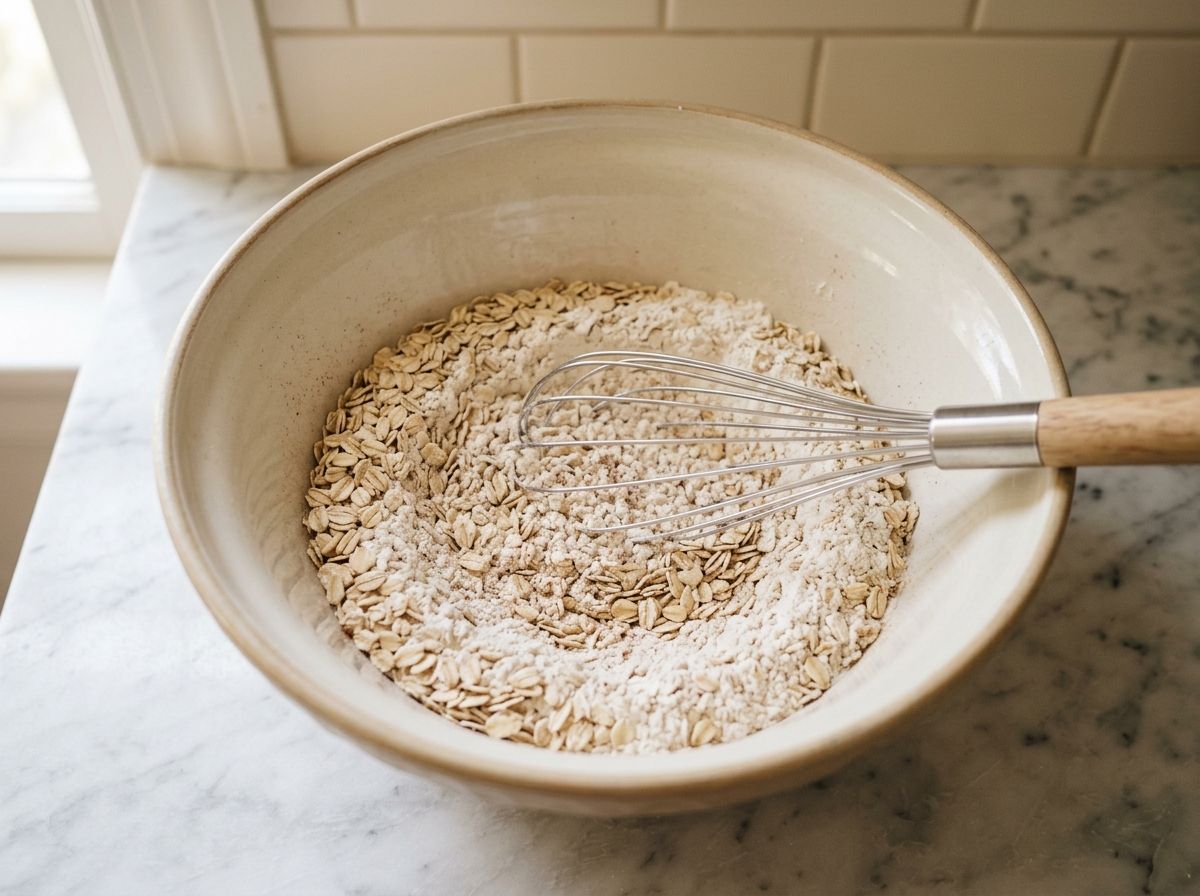 Rolled oats and flour being whisked together in a large stoneware mixing bowl