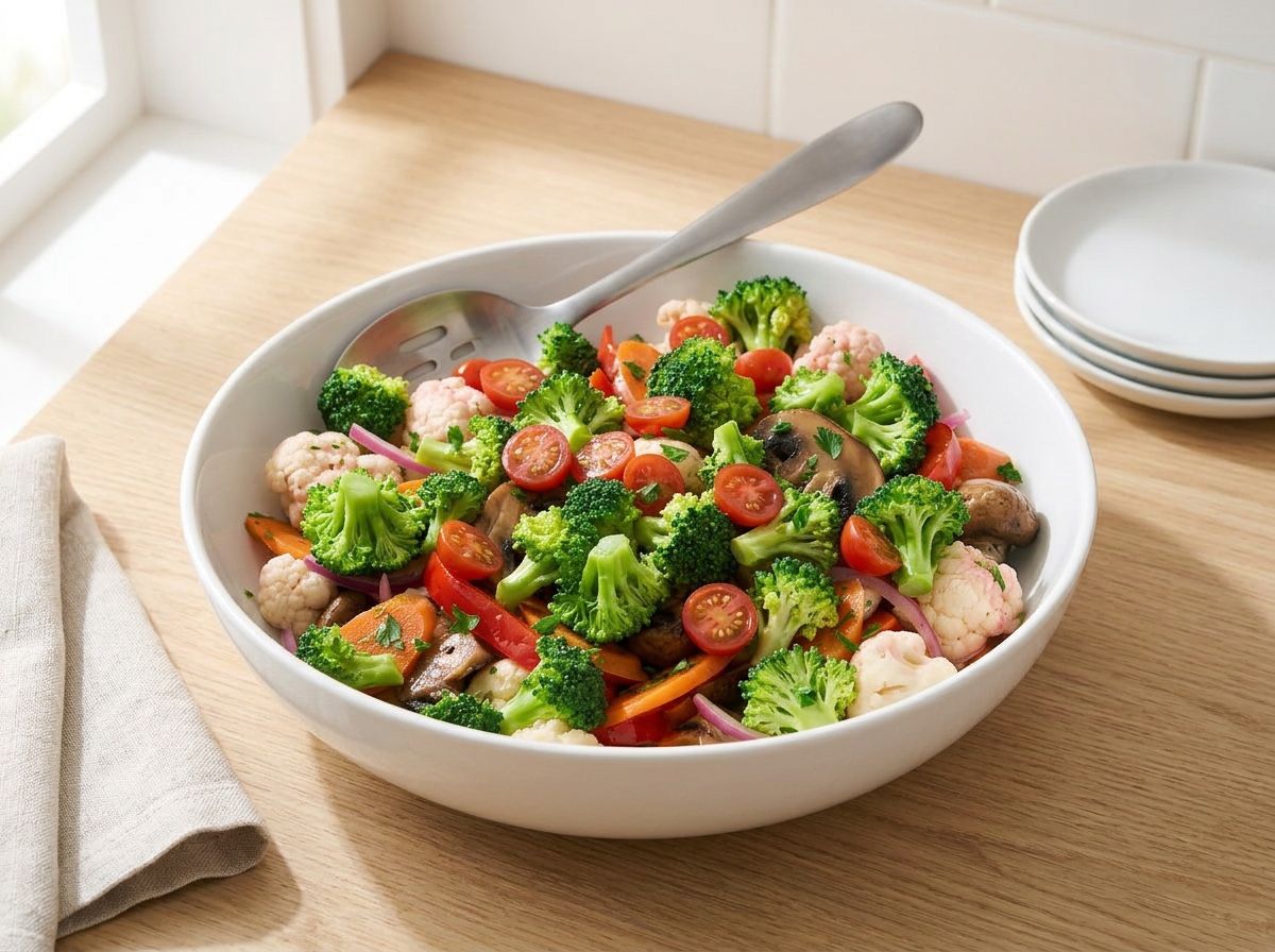 Marinated vegetable salad in a white serving bowl with halved cherry tomatoes, parsley and a slotted spoon