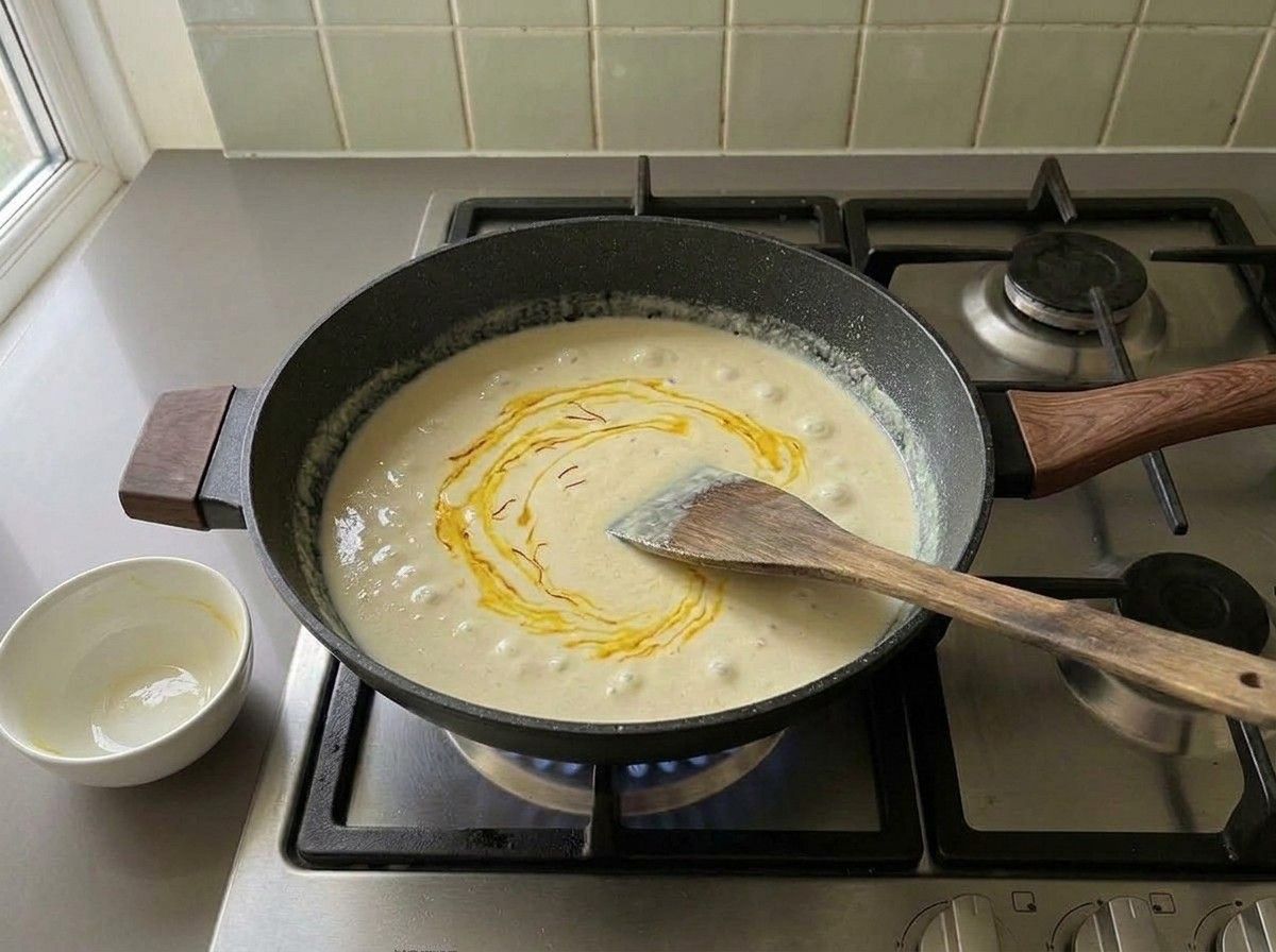 Golden saffron milk swirled into the simmering ivory gravy