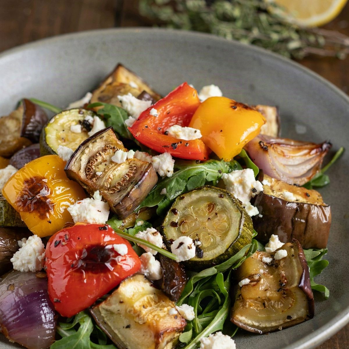 Mediterranean roasted vegetable salad in a grey stoneware bowl: browned chunks of eggplant, red and yellow pepper, zucchini and red onion tossed with arugula, glossy with balsamic and scattered with crumbled feta