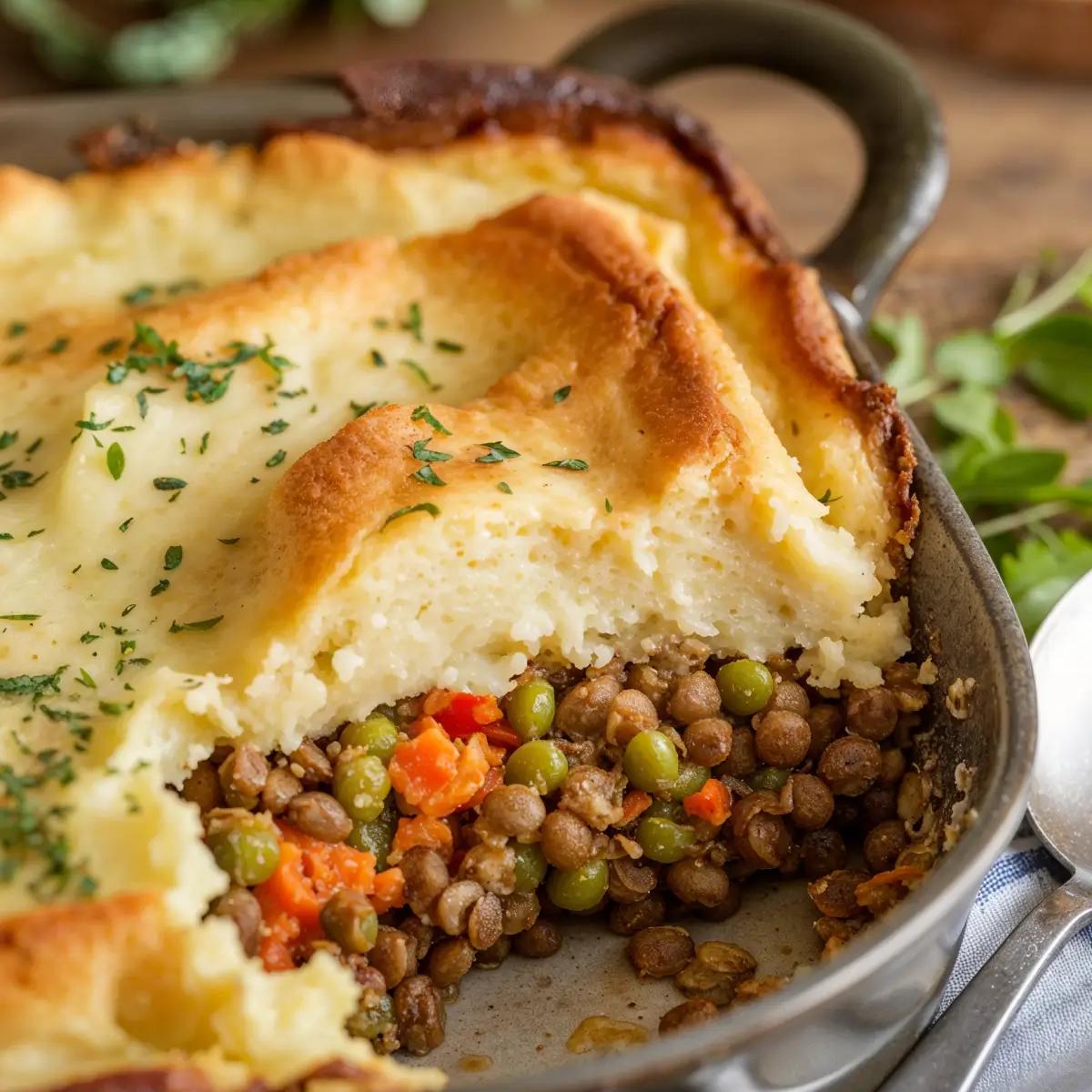 A hearty lentil cottage pie with golden mashed potato topping, served in a rustic dish, showcasing colorful lentil filling.
