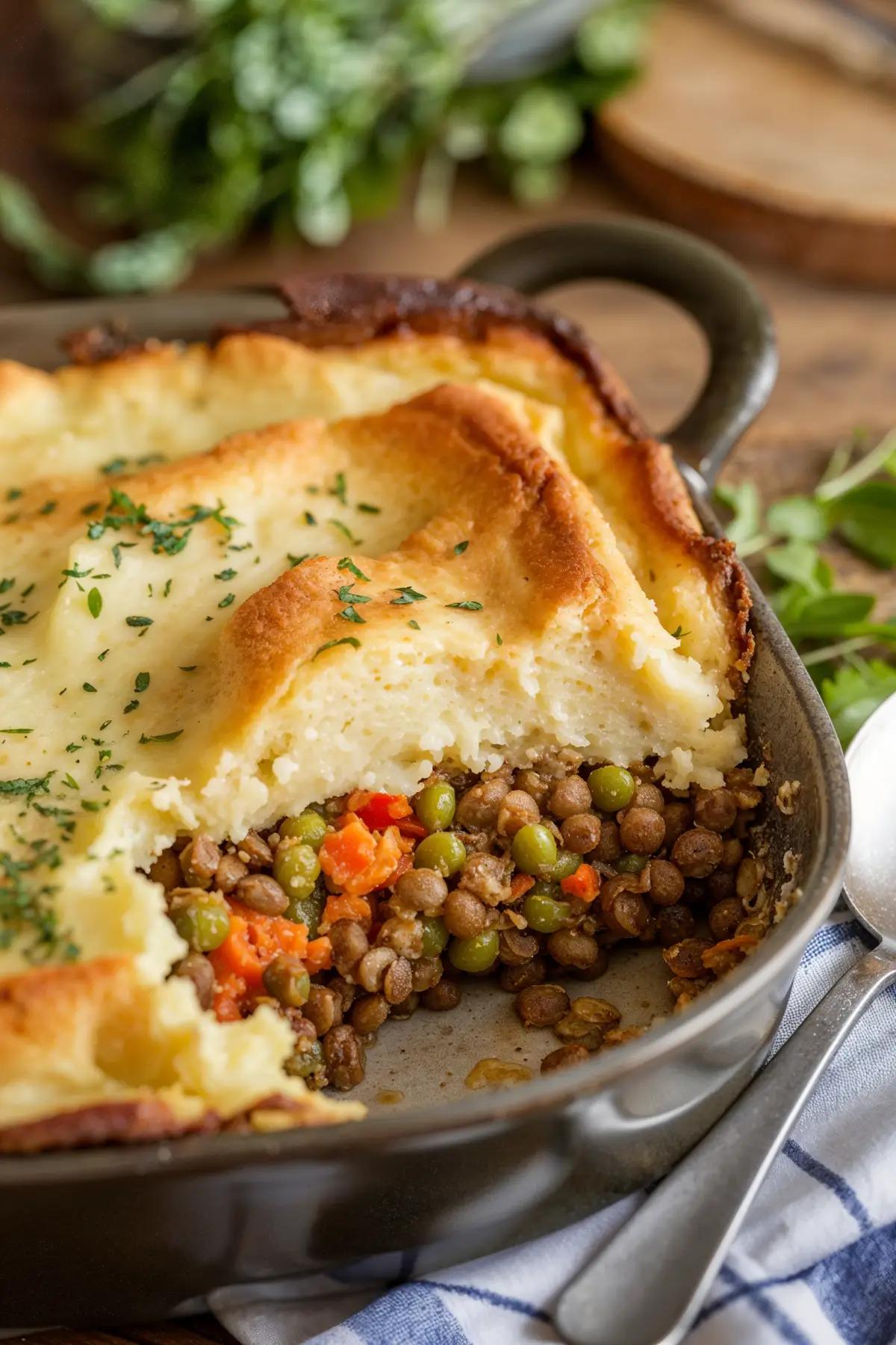 A hearty lentil cottage pie with golden mashed potato topping, served in a rustic dish, showcasing colorful lentil filling.